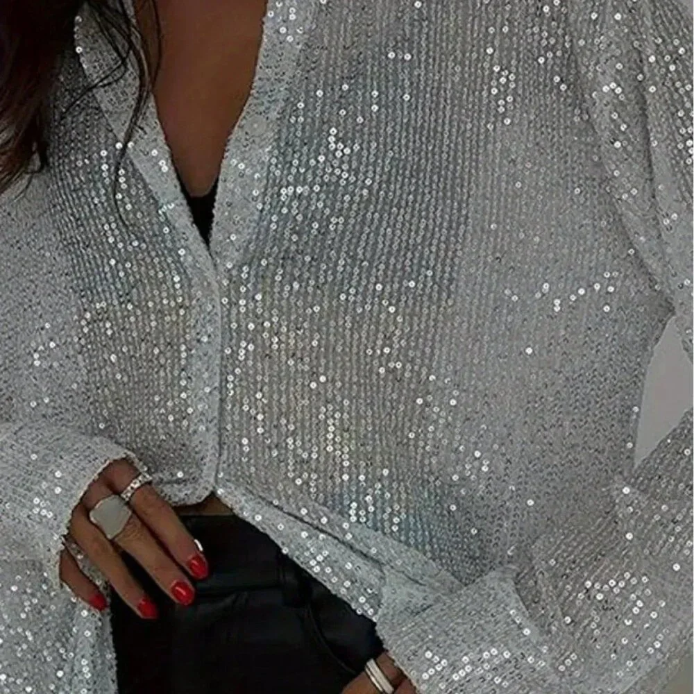 White Sexy Women's Sequined Long Sleeve Collared Button-Down Cardigan - Picture 4 of 5